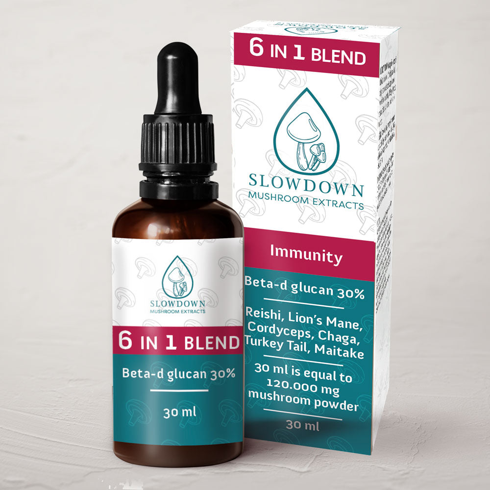 Slowdown 6 IN 1 BLEND 30ml bottle with label listing Reishi Lion's Mane Cordyceps Chaga Turkey Tail Maitake